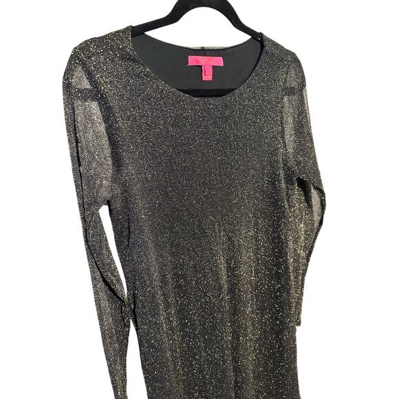 Lilly Pulitzer Large Black Mini Dress with Longsleeve Sheer Gold Sparkly Overlay - Picture 2 of 4